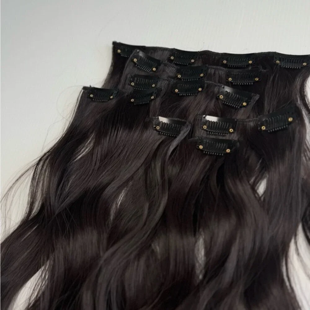 Dark Brown Water Wave Clip in Hair‎ Extensions - Human hair Blend